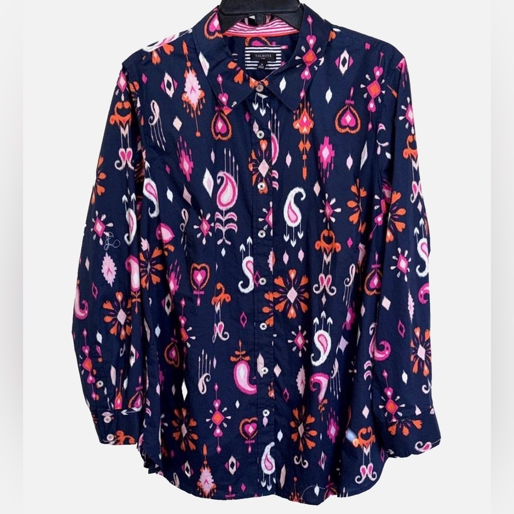 Talbots Women’s Plus 1X Navy Ikat Paisley Button Front Blouse Career Casual Top